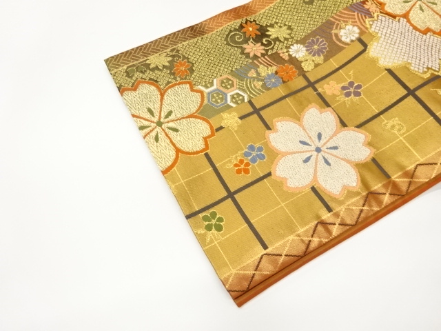  格子に花々・葉・古典柄模様織出し全通袋帯